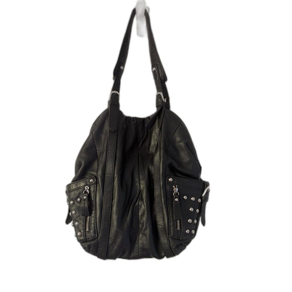 Y2K Studded Black Pebbled Leather Slouchy Shoulder Bag Tote Grunge Biker Boho